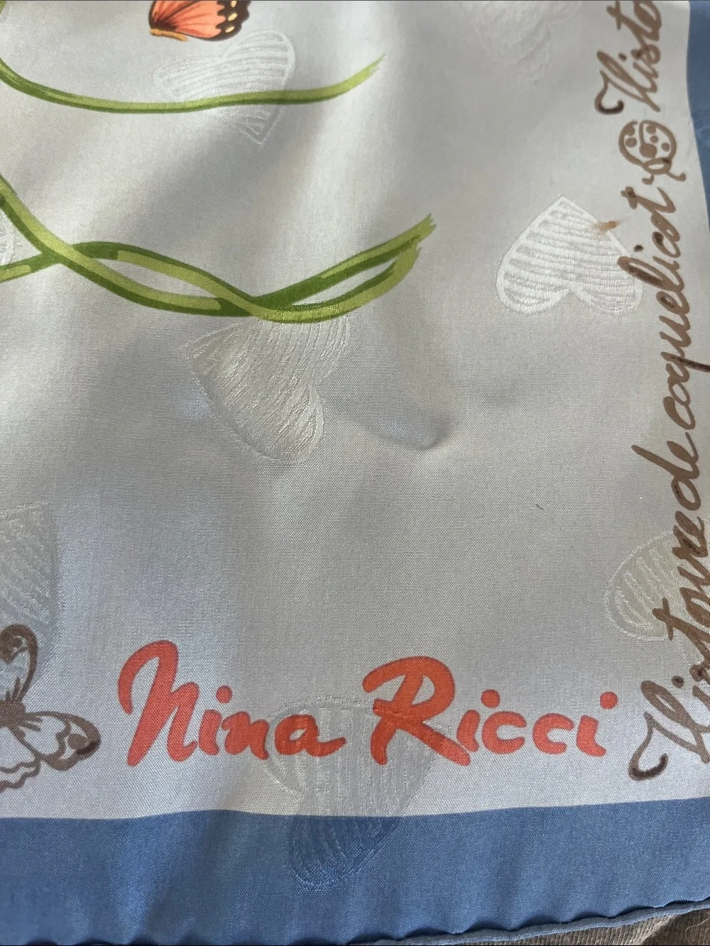 Nina Ricci Blue Scarf with Coral Floral Poppies